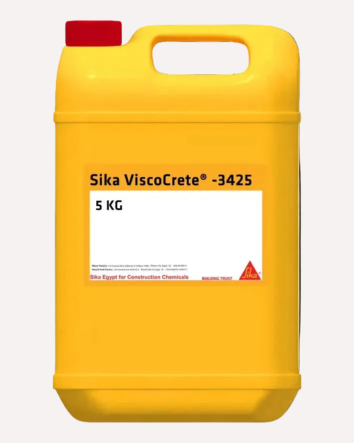 Yellow container of Sika ViscoCrete -3425 with a red cap on a white background